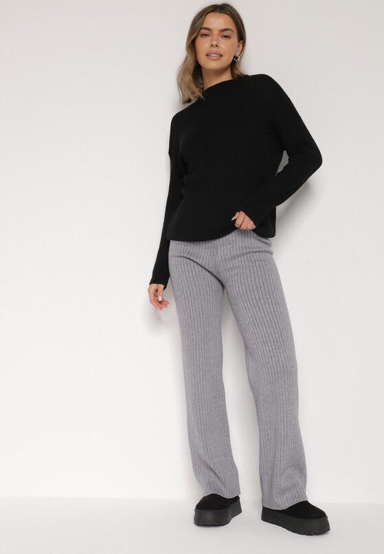 Szare Prążkowane Spodnie z Wełną o Szerokim Kroju z Wysokim Stanem Reinnia 4