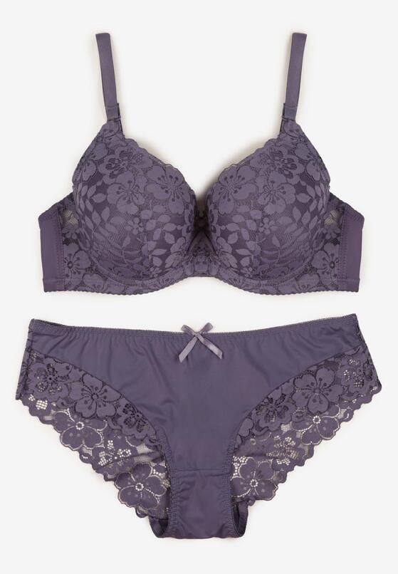 Fioletowy Klasyczny Komplet Biustonosz i Majtki Figi z Koronką Ezilene 5