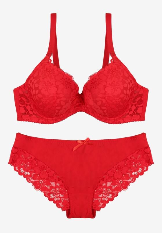 Czerwony Klasyczny Komplet Biustonosz i Majtki Figi z Koronką Ezilene 5