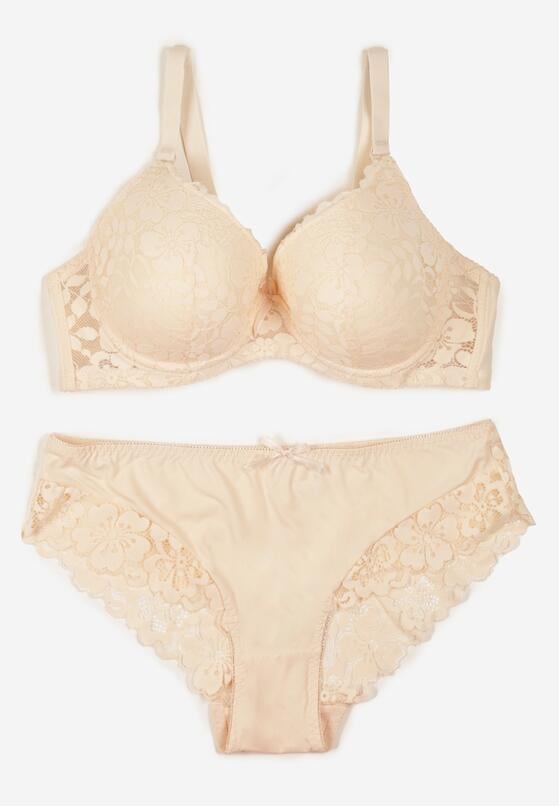 Beżowy Klasyczny Komplet Biustonosz i Majtki Figi z Koronką Ezilene 5