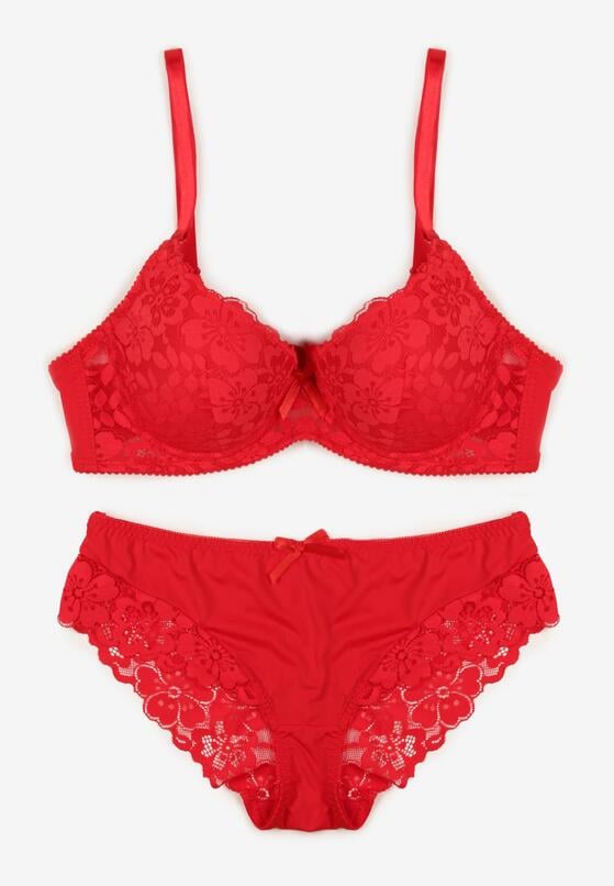 Czerwony Komplet Biustonosz i Majtki Typu Figi Ozdobiony Koronką Ezivane 1