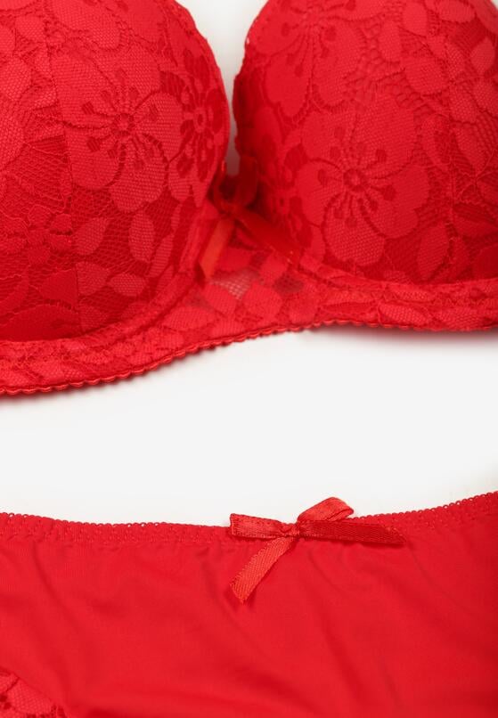 Czerwony Komplet Biustonosz i Majtki Typu Figi Ozdobiony Koronką Ezivane 2