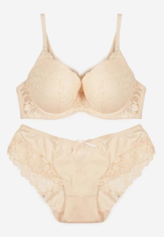 Jasnobeżowy Komplet Biustonosz i Majtki Typu Figi Ozdobiony Koronką Ezivane 5