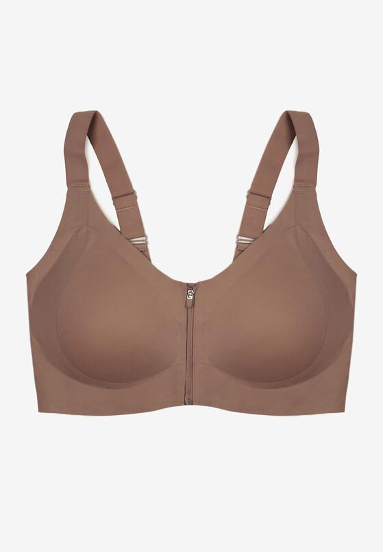 Ciemnobeżowy Sportowy Biustonosz z Suwakiem z Przodu Eziline 1