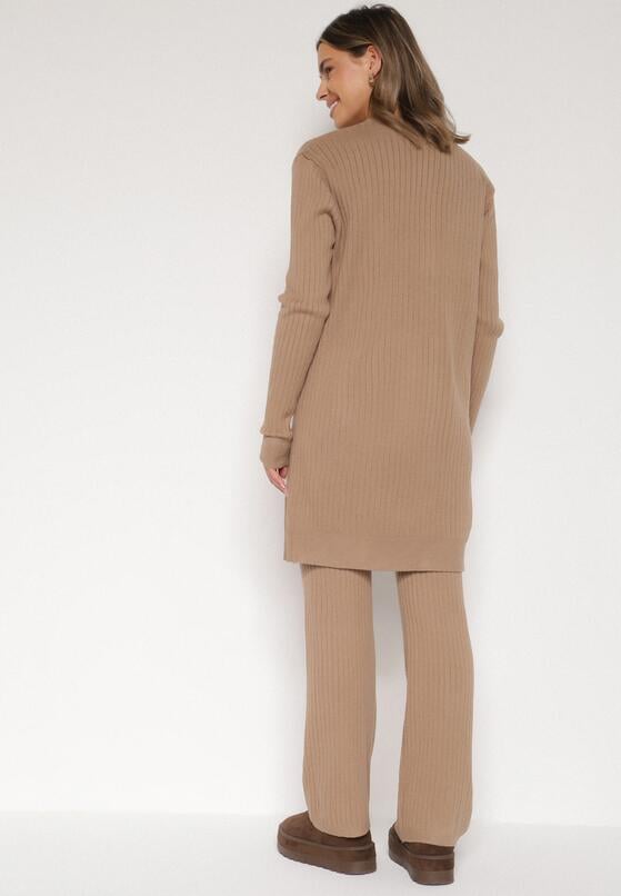 Ciemnobeżowy Komplet Dzianinowy z Bawełną Spodnie Kamizelka i Długi Kardigan Meviravia 3