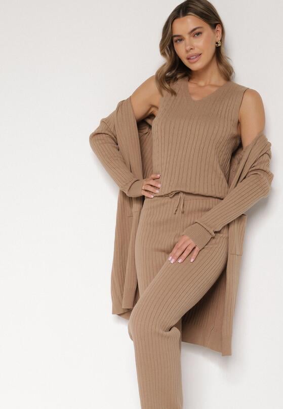 Ciemnobeżowy Komplet Dzianinowy z Bawełną Spodnie Kamizelka i Długi Kardigan Meviravia 5