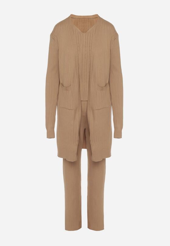 Ciemnobeżowy Komplet Dzianinowy z Bawełną Spodnie Kamizelka i Długi Kardigan Meviravia 6