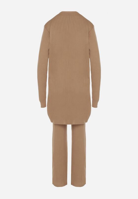 Ciemnobeżowy Komplet Dzianinowy z Bawełną Spodnie Kamizelka i Długi Kardigan Meviravia 7