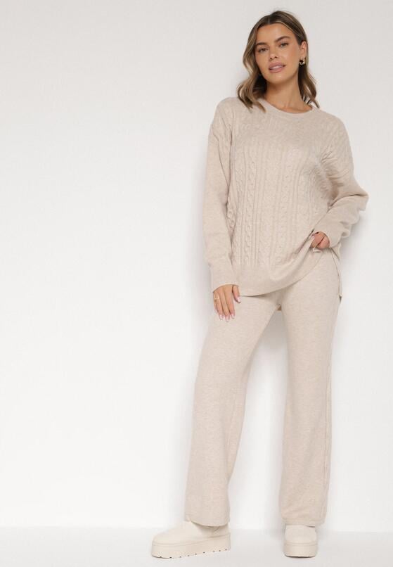 Jasnobeżowy Komplet Dzianinowy z Bawełną i Wełną Spodnie i Warkoczowy Sweter Errela 1
