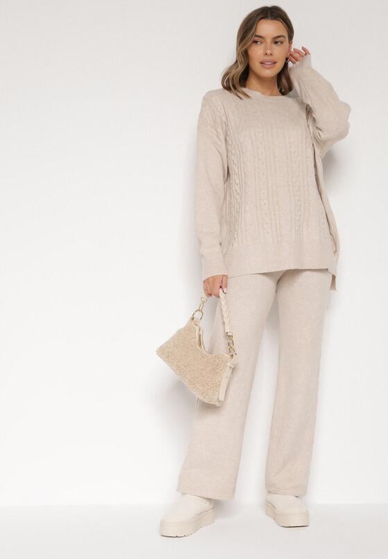 Jasnobeżowy Komplet Dzianinowy z Bawełną i Wełną Spodnie i Warkoczowy Sweter Errela 2