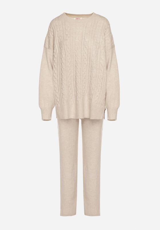 Jasnobeżowy Komplet Dzianinowy z Bawełną i Wełną Spodnie i Warkoczowy Sweter Errela 6