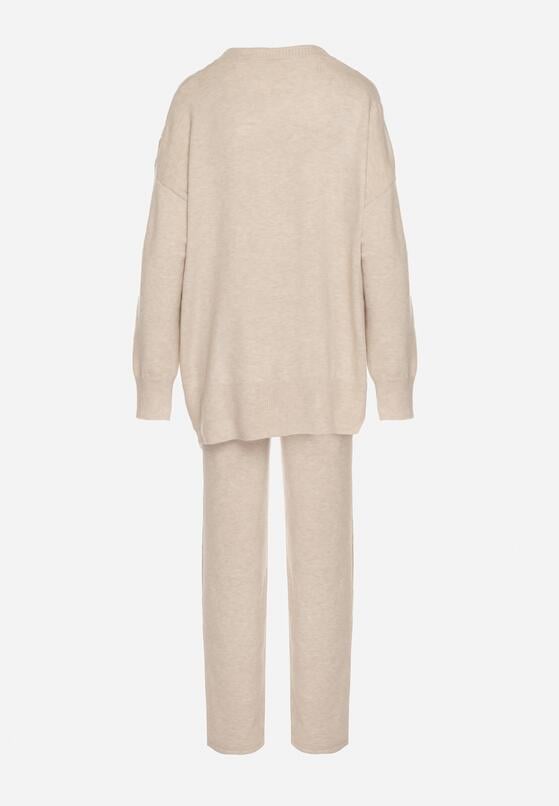 Jasnobeżowy Komplet Dzianinowy z Bawełną i Wełną Spodnie i Warkoczowy Sweter Errela 7