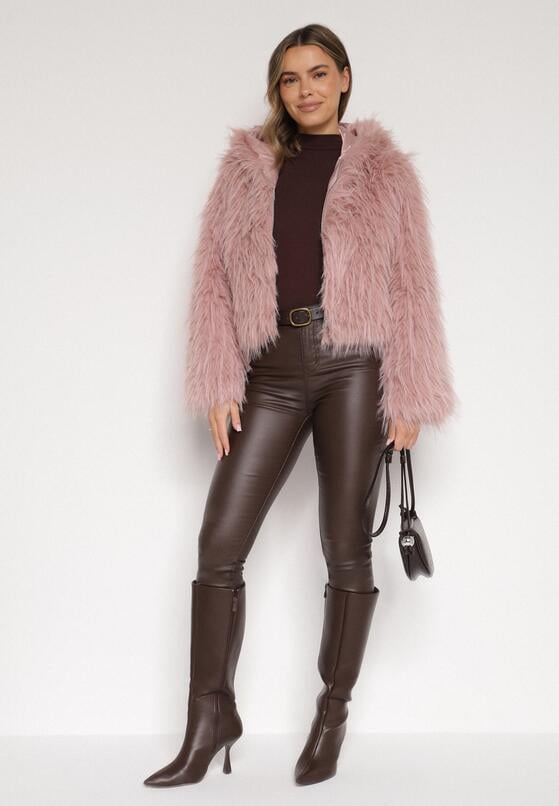 Różowa Kurtka Futerko na Suwak z Kapturem Zetale 2