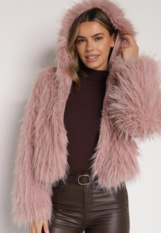 Różowa Kurtka Futerko na Suwak z Kapturem Zetale 4