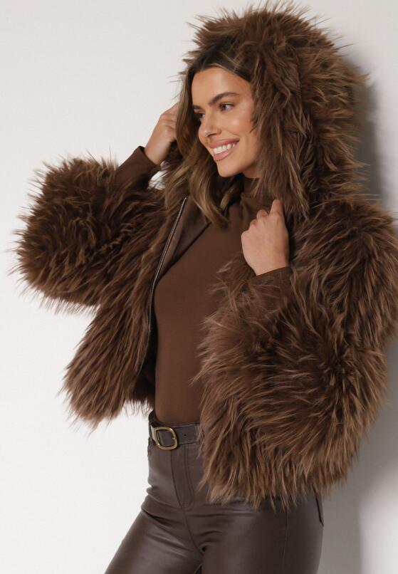 Brązowa Kurtka Futerko na Suwak z Kapturem Zetale 4