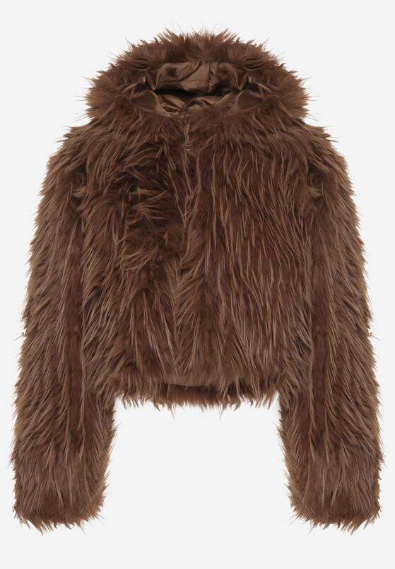 Brązowa Kurtka Futerko na Suwak z Kapturem Zetale 6