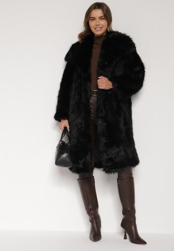 Czarny Jednorzędowy Płaszcz Futro z Szerokim Kołnierzem Wedinalia 2