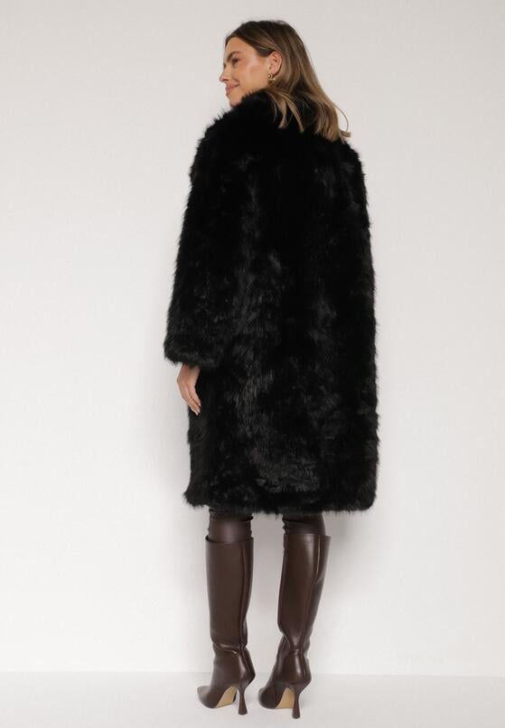 Czarny Jednorzędowy Płaszcz Futro z Szerokim Kołnierzem Wedinalia 3