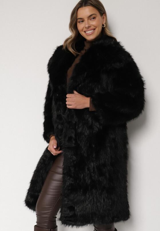 Czarny Jednorzędowy Płaszcz Futro z Szerokim Kołnierzem Wedinalia 4
