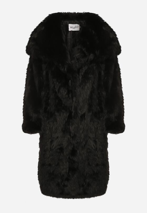 Czarny Jednorzędowy Płaszcz Futro z Szerokim Kołnierzem Wedinalia 6