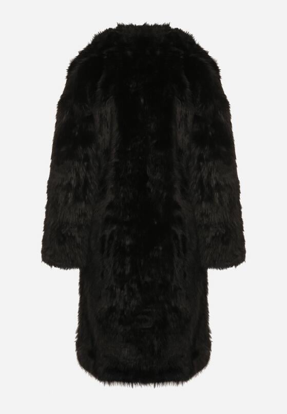 Czarny Jednorzędowy Płaszcz Futro z Szerokim Kołnierzem Wedinalia 7