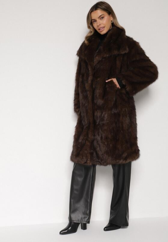 Brązowy Jednorzędowy Płaszcz Futro z Szerokim Kołnierzem Wedinalia 1