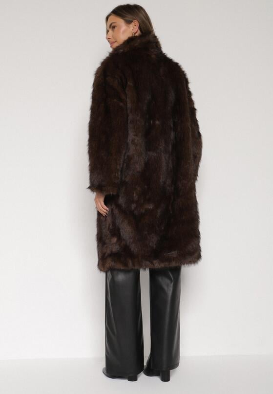 Brązowy Jednorzędowy Płaszcz Futro z Szerokim Kołnierzem Wedinalia 3