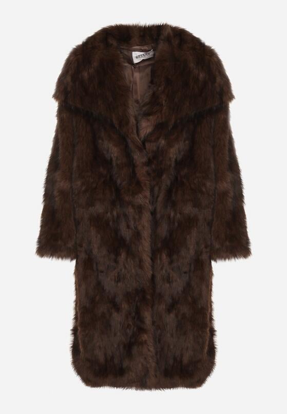 Brązowy Jednorzędowy Płaszcz Futro z Szerokim Kołnierzem Wedinalia 6