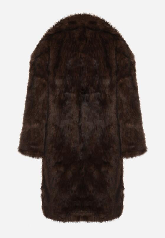 Brązowy Jednorzędowy Płaszcz Futro z Szerokim Kołnierzem Wedinalia 7