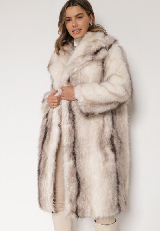 Biały Płaszcz Futro z Szerokim Kołnierzem i Kieszeniami Ezinda 1