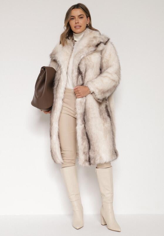 Biały Płaszcz Futro z Szerokim Kołnierzem i Kieszeniami Ezinda 4