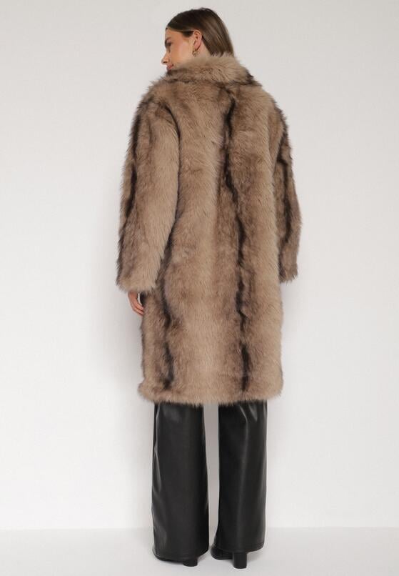 Brązowy Płaszcz Futro z Szerokim Kołnierzem i Kieszeniami Ezinda 3