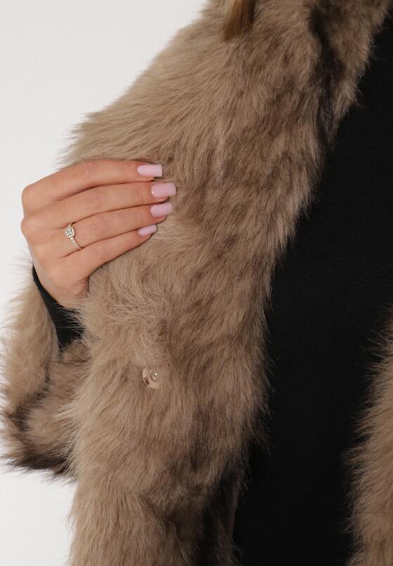 Brązowy Płaszcz Futro z Szerokim Kołnierzem i Kieszeniami Ezinda 5