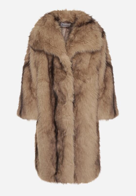 Brązowy Płaszcz Futro z Szerokim Kołnierzem i Kieszeniami Ezinda 6