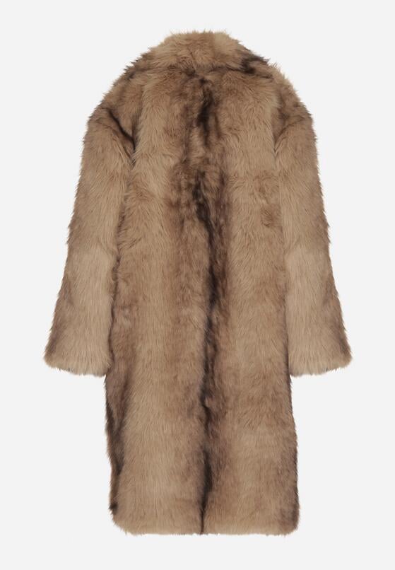 Brązowy Płaszcz Futro z Szerokim Kołnierzem i Kieszeniami Ezinda 7