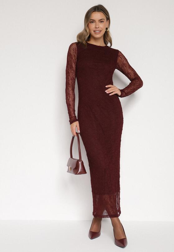 Bordowa Dopasowana Sukienka Koronkowa z Długim Rękawem Zenika 2