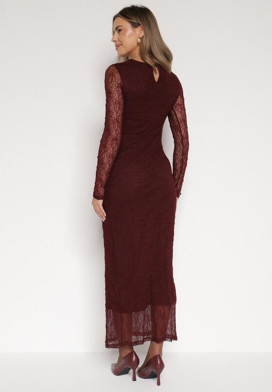 Bordowa Dopasowana Sukienka Koronkowa z Długim Rękawem Zenika 3