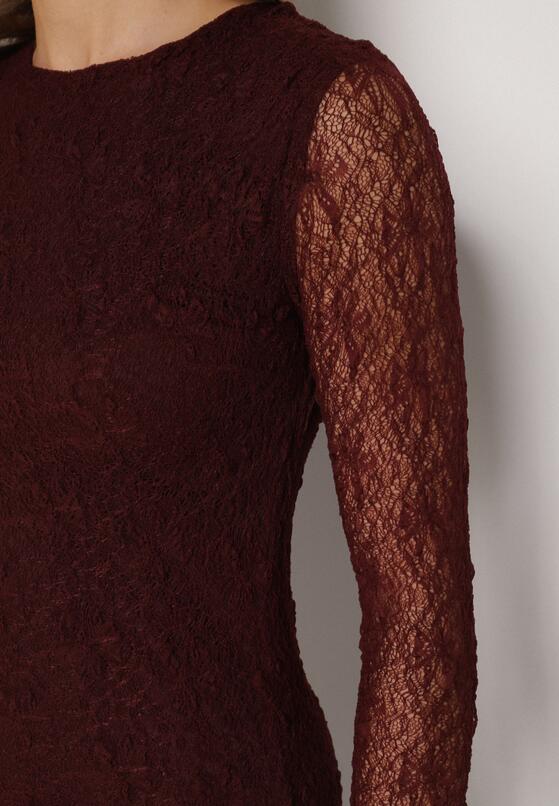 Bordowa Dopasowana Sukienka Koronkowa z Długim Rękawem Zenika 5