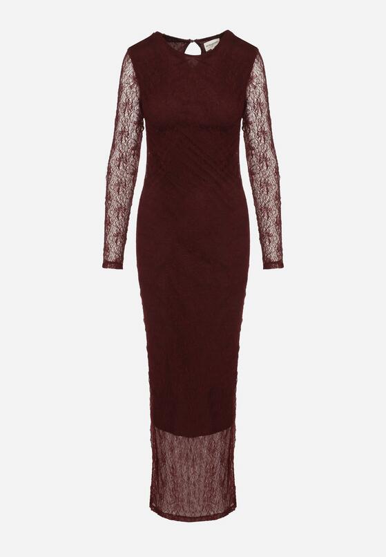 Bordowa Dopasowana Sukienka Koronkowa z Długim Rękawem Zenika 6