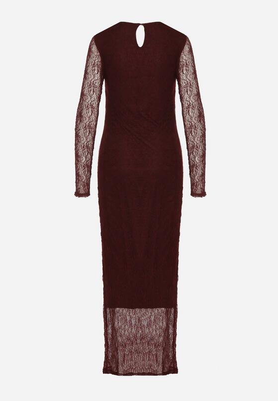 Bordowa Dopasowana Sukienka Koronkowa z Długim Rękawem Zenika 7