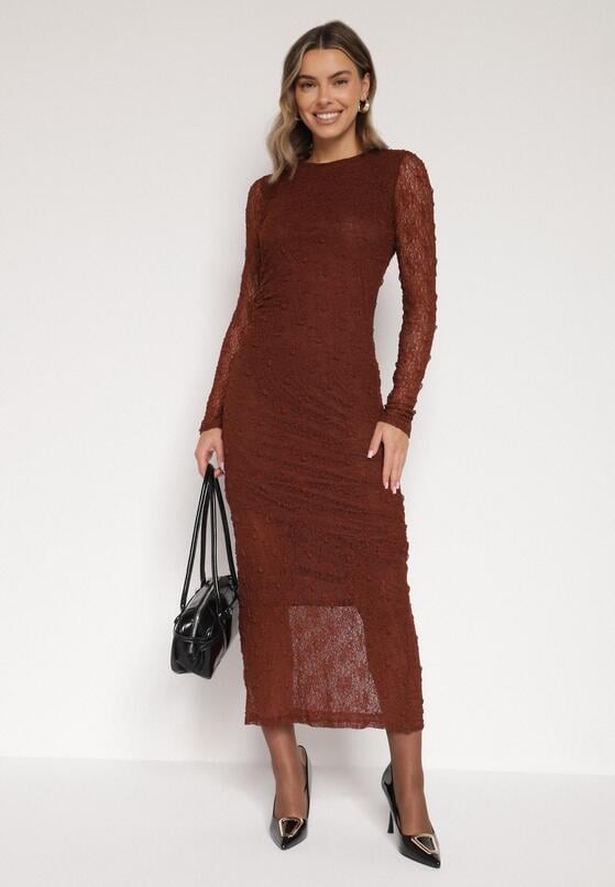 Brązowa Dopasowana Sukienka Koronkowa z Długim Rękawem Zenika 2