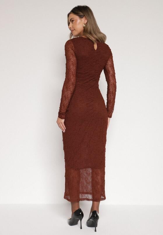Brązowa Dopasowana Sukienka Koronkowa z Długim Rękawem Zenika 3