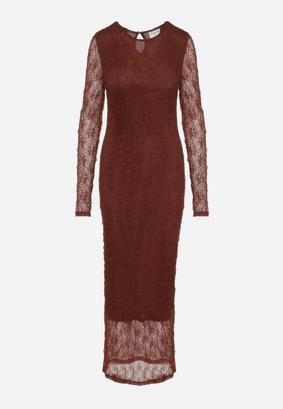 Brązowa Dopasowana Sukienka Koronkowa z Długim Rękawem Zenika 6