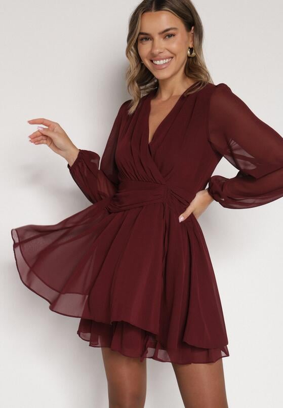 Bordowa Rozkloszowana Sukienka z Siateczki z Kopertowym Dekoltem Zenessa 1