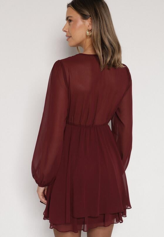 Bordowa Rozkloszowana Sukienka z Siateczki z Kopertowym Dekoltem Zenessa 3