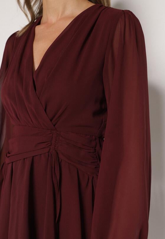 Bordowa Rozkloszowana Sukienka z Siateczki z Kopertowym Dekoltem Zenessa 5