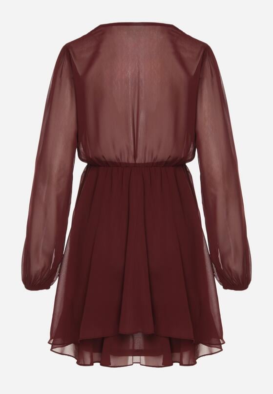 Bordowa Rozkloszowana Sukienka z Siateczki z Kopertowym Dekoltem Zenessa 7