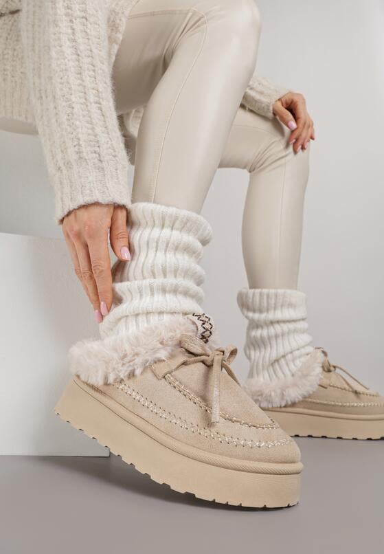 Beżowe Wsuwane Śniegowce w Rustykalnym Stylu z Kokardą i Futrem Tusora 2