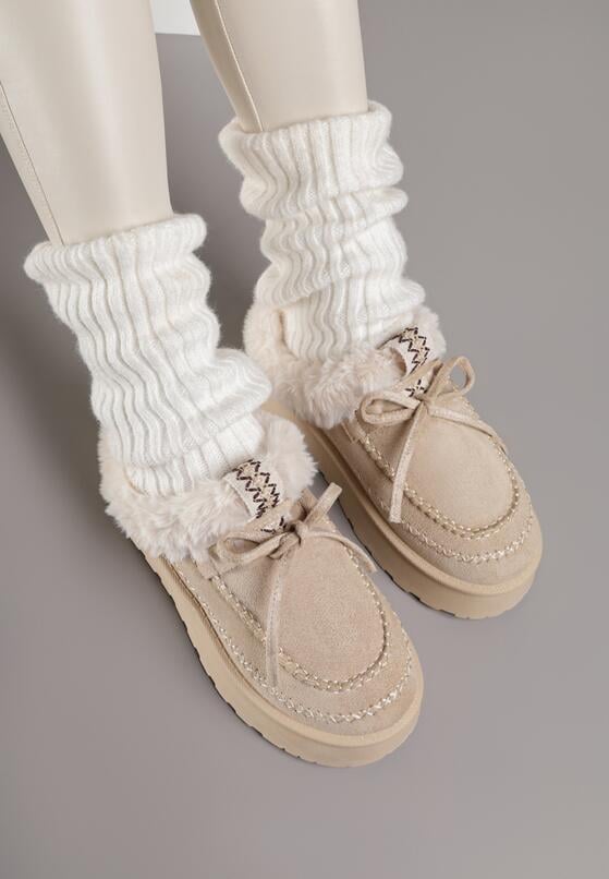 Beżowe Wsuwane Śniegowce w Rustykalnym Stylu z Kokardą i Futrem Tusora 3
