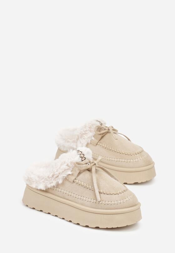Beżowe Wsuwane Śniegowce w Rustykalnym Stylu z Kokardą i Futrem Tusora 5